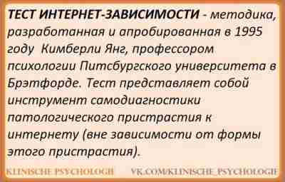 ТЕСТ НА ИНТЕРНЕТ-ЗАВИСИМОСТЬ (Кимберли Янг) Адаптация методики Представленный опросник является переведенной и модифицированной версией…